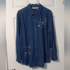 Cabin Creek Blue Button Down Shirt with Floral Embroidery
